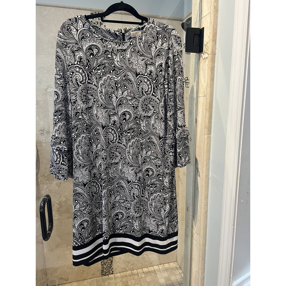 Michael Kors Shift Dress XL Bell Sleeve Paisley Print White Black Stretch Knee